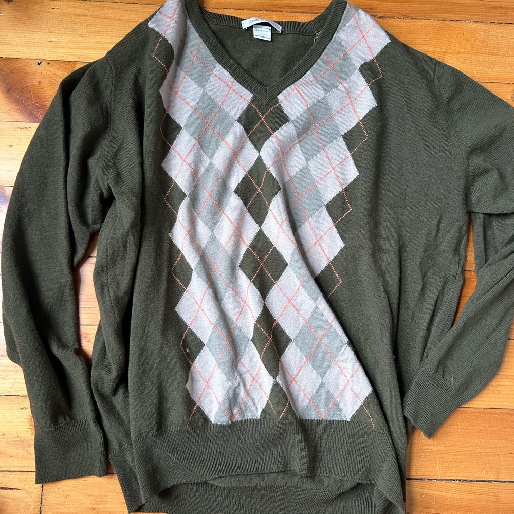 John Smedley Olive Green Argyle V-Neck Sweater